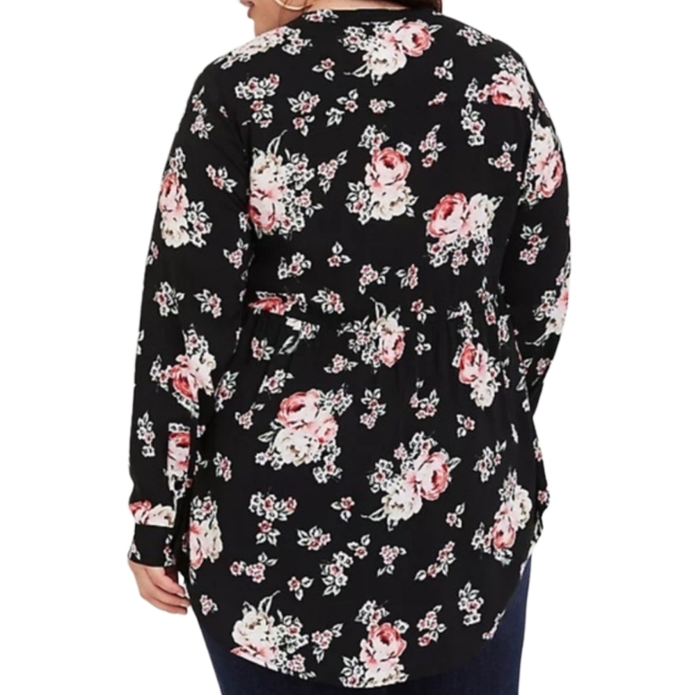 Torrid Plus Size 2X Blouse Black Button down‎ FLORAL PINK BABYDOLL PEPLUM DAINTY - Picture 5 of 15